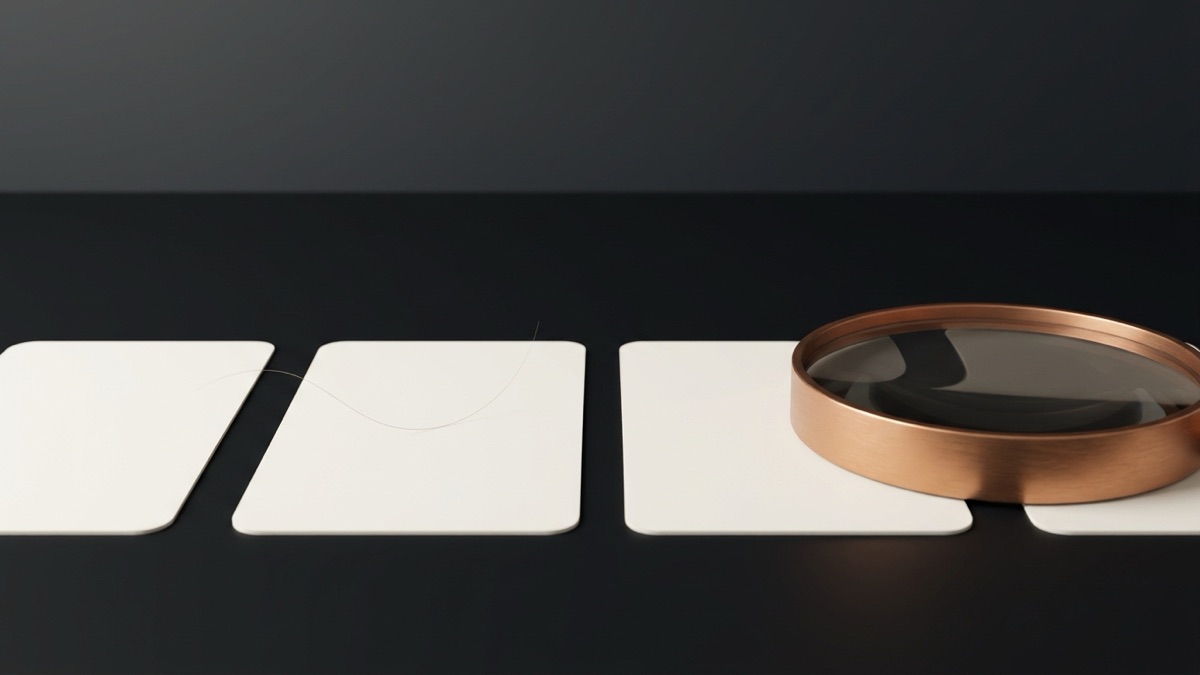 Four blank off-white photo cards in a row on a graphite surface with a copper-rimmed magnifying glass resting over the last one