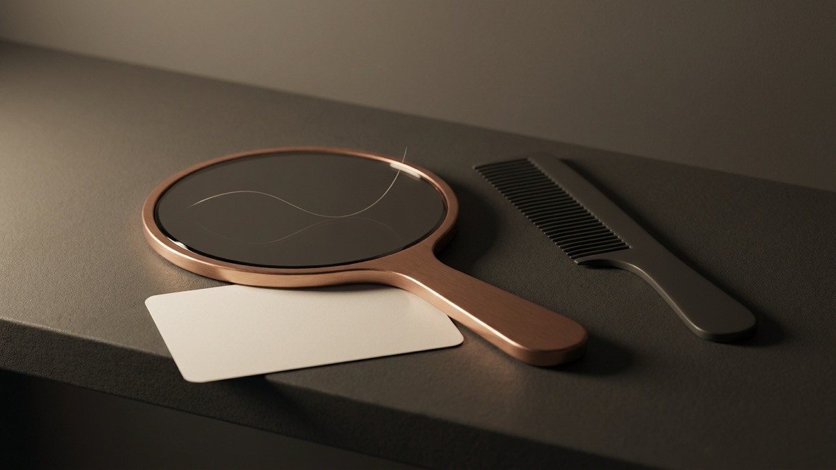 A copper hand mirror with dark glass lying face up on a graphite shelf beside a dark comb, with a single pale strand of hair curving across the glass