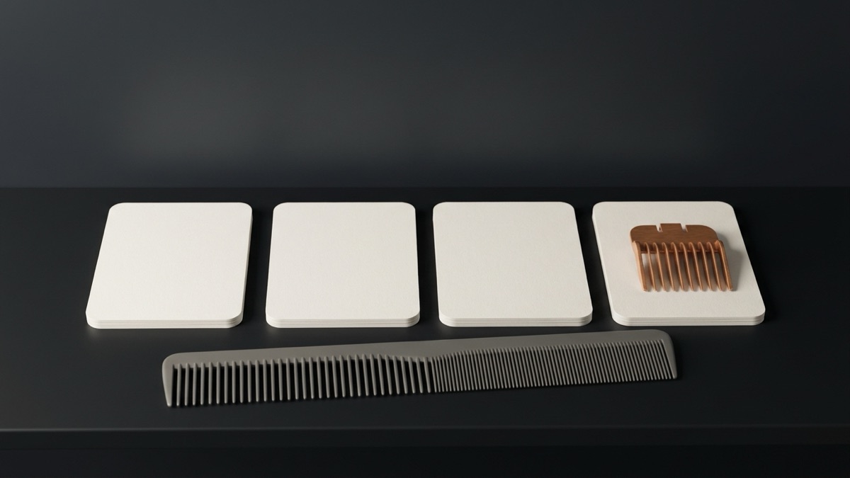 Four blank photo cards in a row on a graphite shelf, a dark comb below them and a copper clipper guard resting on the last card
