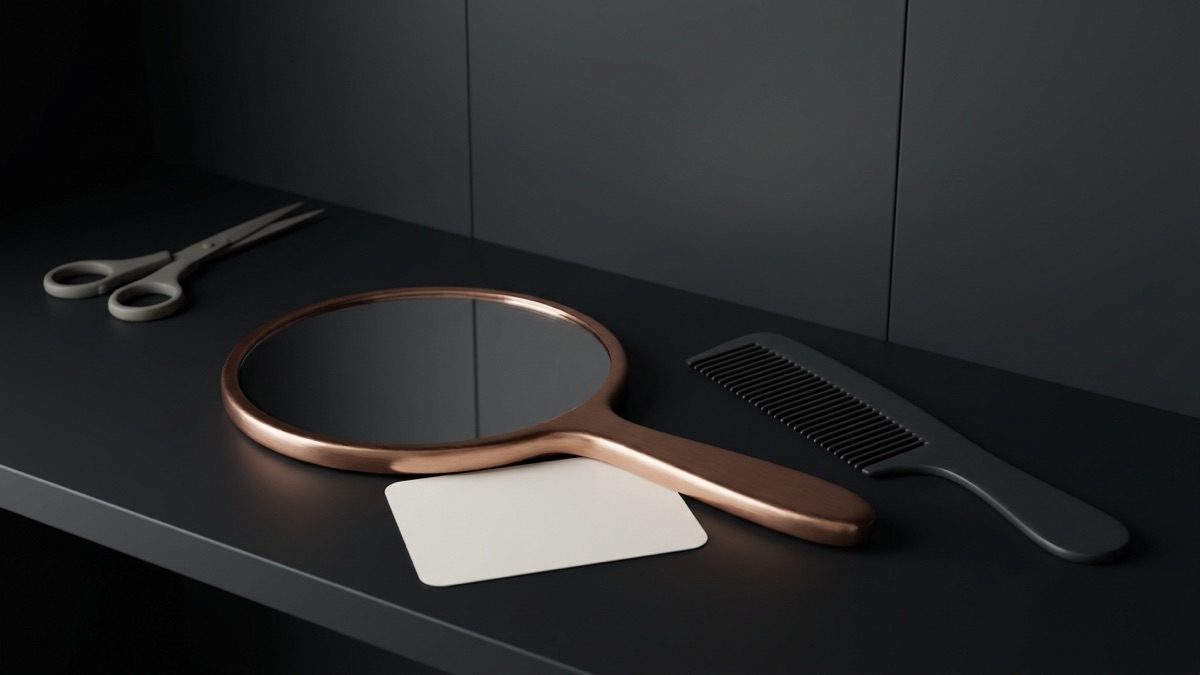 A copper hand mirror with dark glass face up on a graphite shelf, a dark comb beside it and a single off-white photo card tucked under the handle
