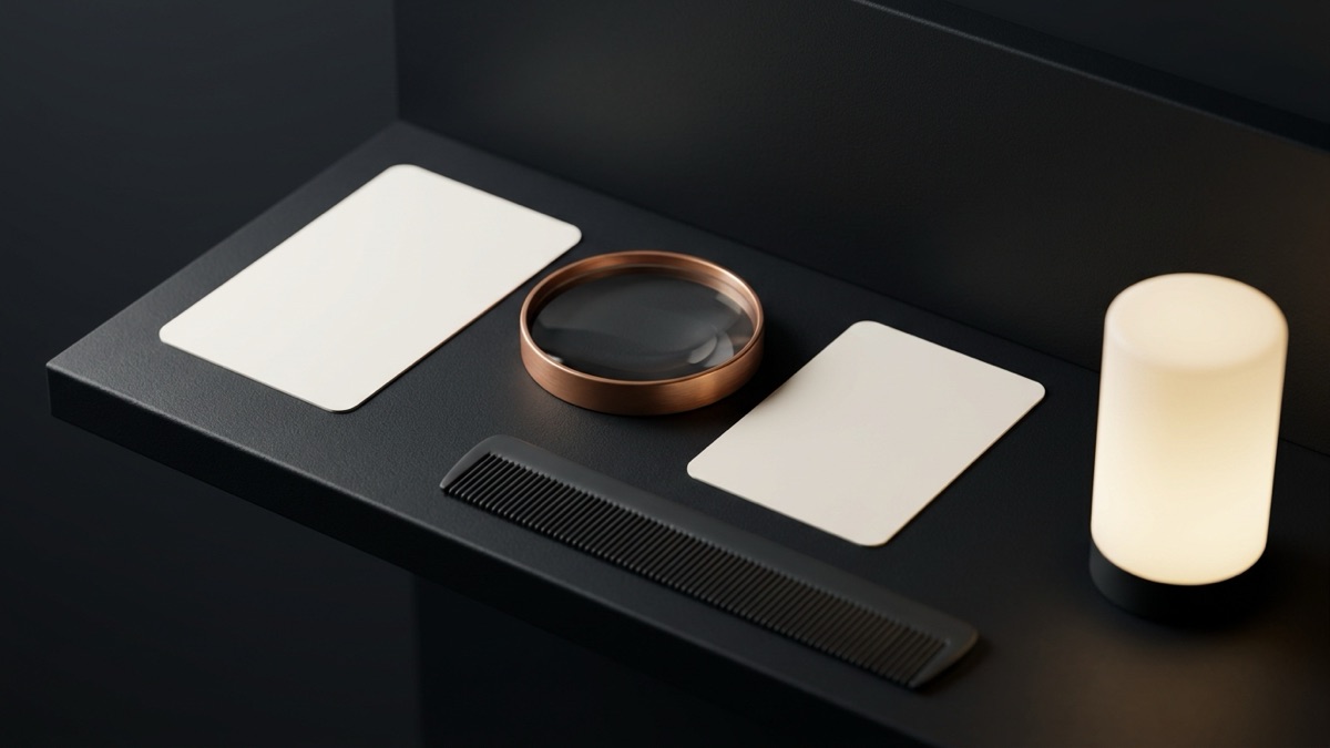 Two blank photo cards side by side with a copper magnifying glass between them