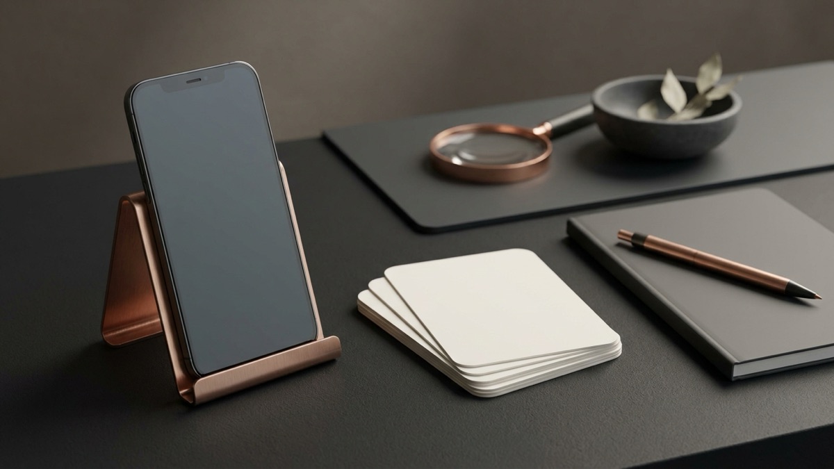 A phone in a copper stand beside a stack of four blank photo cards and a notebook