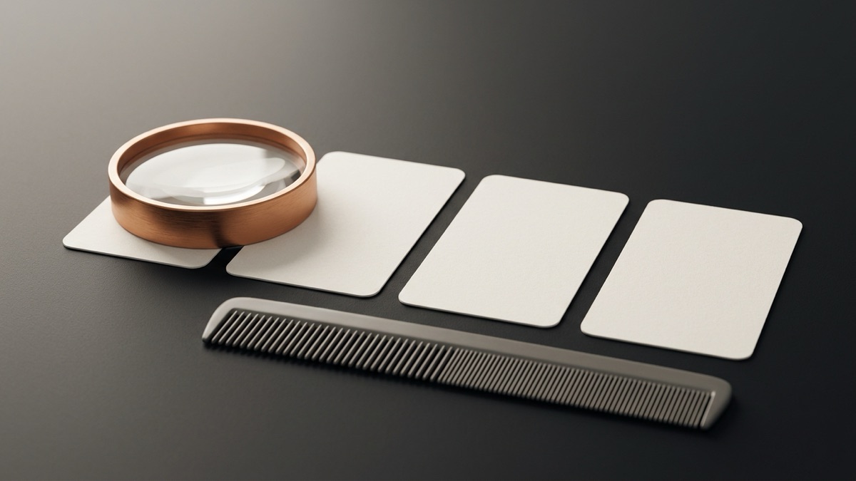 Four blank photo cards in a row on a graphite surface with a copper magnifier resting over the first card
