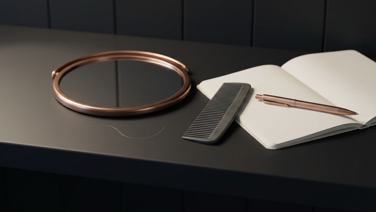 A copper hand mirror with dark glass beside a dark comb and an open blank notebook with a copper pen on a graphite shelf