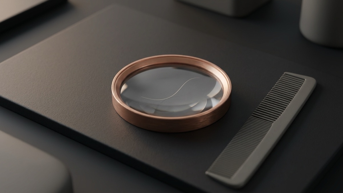 A copper-rimmed magnifying glass over a single pale strand of hair on a graphite tile, with a dark comb beside it