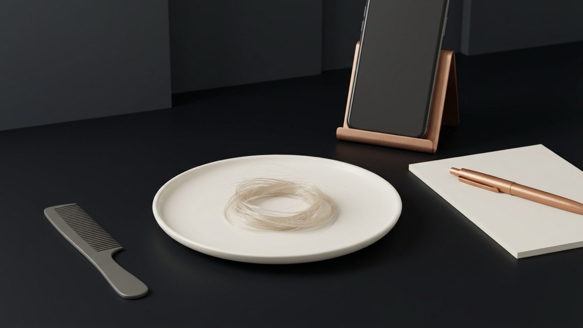 A plain off-white ceramic dish holding a small loose coil of pale hair strands on a graphite surface, a dark comb and a copper pen beside a blank notebook page