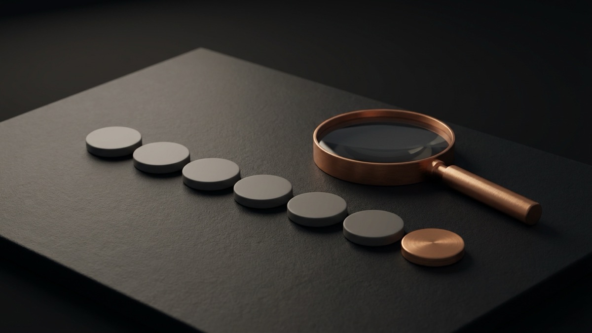 Seven small flat discs in a row on a graphite tile, six in stone gray and the last in copper, with a copper-rimmed magnifying glass beside them