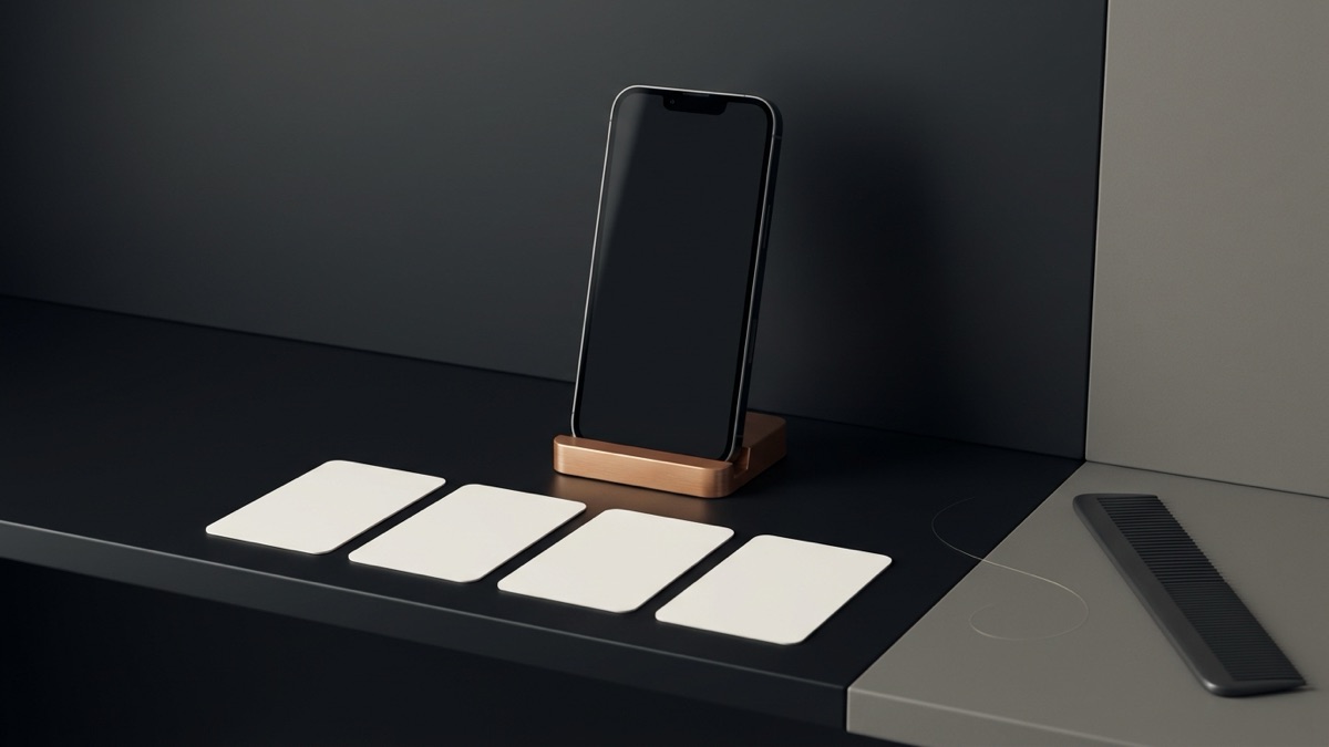 A phone standing upright in a copper stand on a graphite shelf, screen dark, with four blank off-white photo cards in a row in front of it