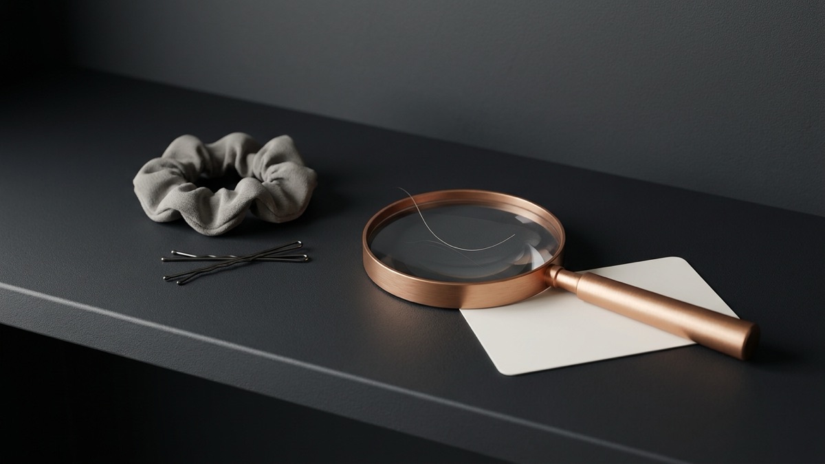 A loosened fabric hair tie and two hair pins beside a copper magnifying glass over a single strand