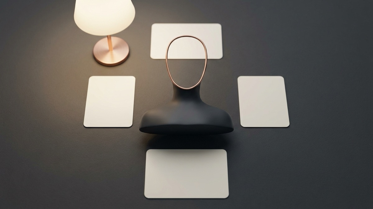 A featureless head outline seen from above with four blank photo cards placed at the front, sides and back