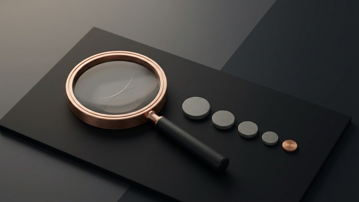 A copper magnifying glass over a single pale strand of hair on a graphite tile, with a row of small discs shrinking in size beside it