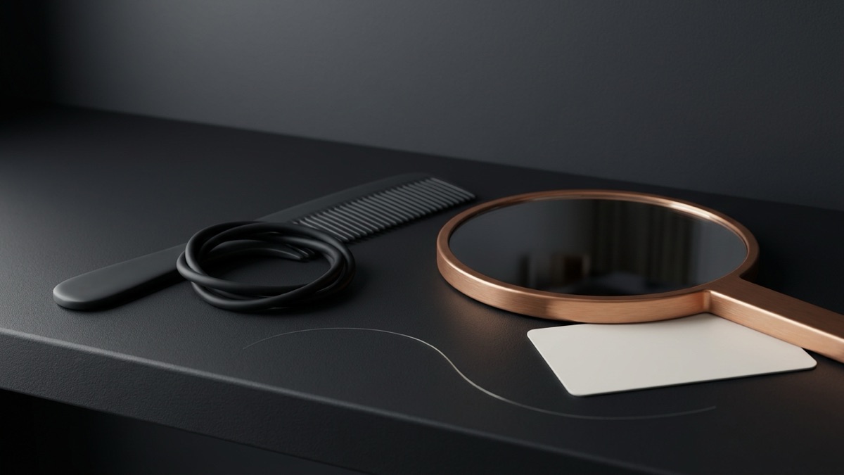 A dark comb and a loosened hair tie beside a copper hand mirror on a graphite shelf, a single pale strand curving across the shelf